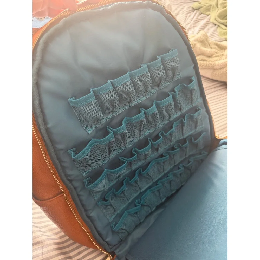 Young Living Essential Oil Carrying Case Backpack Tan Vegan Leather Teal Lining
